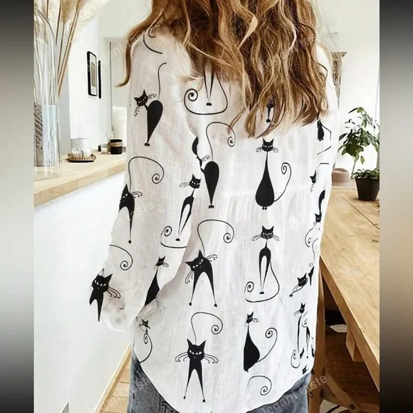Classic Pop Art Cat Print Long Sleeve Tee T Shirt Top Blouse - Picture 4 of 6